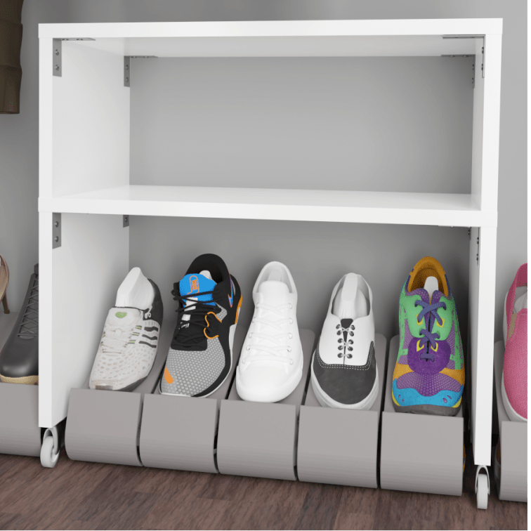 Render of white Diy rolling table  covering various shoes.